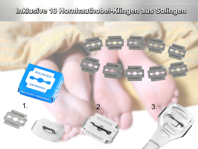 Hornhauthobel + 10 Hornhauthobelklingen aus Solingen