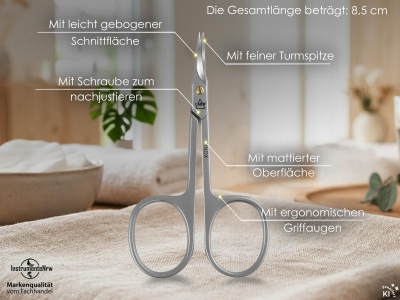 Nagelhautschere Hautschere mit extra feiner Spitze und gebogener Schnittfl�che 8,5 cm - Extra scharfe Nagelschere zum pr�zisen entfernen von Nagelhautresten aus rostfreiem Edelstahl