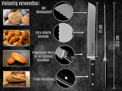 Brotmesser Solingen mit Wellenschliff Made in Germany Universalmesser Geschmiedet Allzweckmesser Kchenmesser aus Rostfreiem Edelstahl 32,5 cm