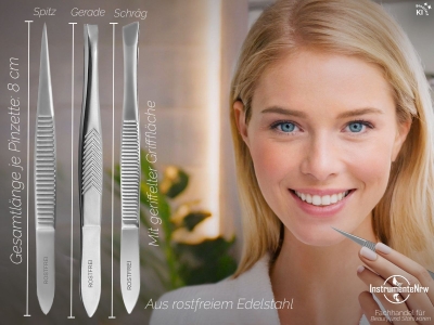 3-Teiliges Augenbrauen-Zupfpinzetten Set Schr�g - Spitz - Gerade 8 cm