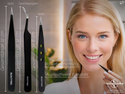Haar-Zupfpinzette 3er Set Spitze Pinzette Schwarz Edelstahl Rostfrei