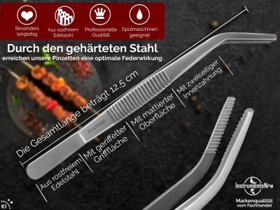 Premium K�chenpinzette Grillpinzette Kochpinzette Pinzette Edelstahl Gourmet-Qulit�t Gebogene Ausf�hrung 12,5 cm