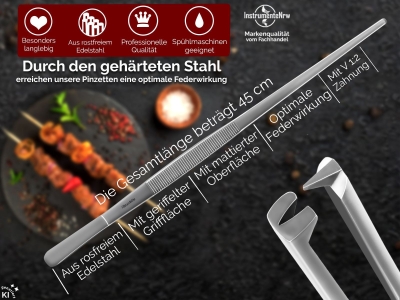Profi K�chenpinzette Grillpinzette Kochpinzette Pinzette mit V Zahnung aus Edelstahl 45 cm