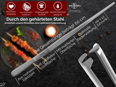 Profi Grillpinzette K�chenpinzette Kochpinzette Pinzette mit V Zahnung aus Edelstahl 60 cm