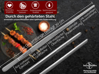 Profi Grillzange Grillpinzette Kochpinzette aus Edelstahl 30 cm Pinzette mit Zahnung - Gerade Ausfhrung fr Fleisch, Wrstchen oder Gemse