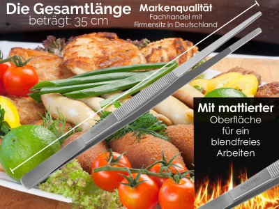 Profi Grillzange Grillpinzette Kochpinzette aus Edelstahl Pinzette 35 cm mit Zahnung - Gerade Ausfhrung fr Fleisch, Wrstchen oder Gemse