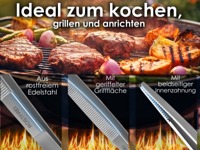 Profi Grillzange Grillpinzette Kochpinzette aus Edelstahl Pinzette 20 cm mit Zahnung - Gerade Ausfhrung fr Fleisch, Wrstchen oder Gemse