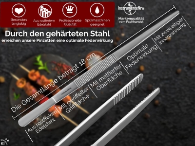 Profi Grillzange Grillpinzette Kochpinzette 18 cm aus Edelstahl Pinzette mit Zahnung - Gerade Ausf�hrung f�r Fleisch, W�rstchen oder Gem�se