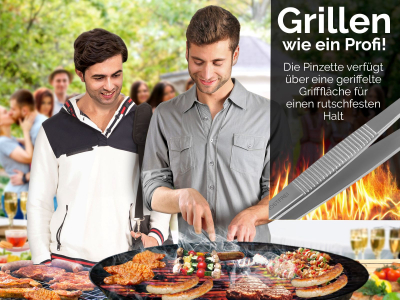 Profi Grillzange Grillpinzette Kochpinzette 11,5 cm aus Edelstahl Pinzette mit Zahnung - Gerade Ausfhrung fr Fleisch, Wrstchen oder Gemse