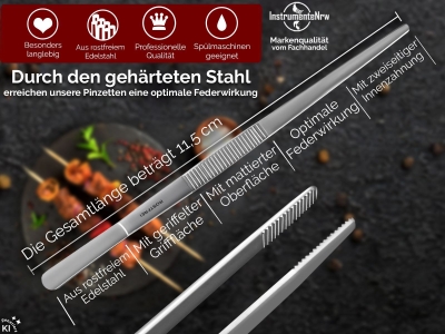 Profi Grillzange Grillpinzette Kochpinzette 11,5 cm aus Edelstahl Pinzette mit Zahnung - Gerade Ausf�hrung f�r Fleisch, W�rstchen oder Gem�se