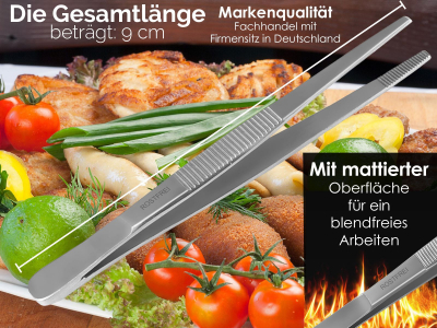 Profi Grillzange Grillpinzette Kochpinzette aus Edelstahl Pinzette 9 cm mit Zahnung - Gerade Ausfhrung fr Fleisch, Wrstchen oder Gemse