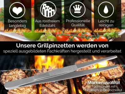 Profi Grillzange Grillpinzette Kochpinzette aus Edelstahl Pinzette 9 cm mit Zahnung - Gerade Ausfhrung fr Fleisch, Wrstchen oder Gemse