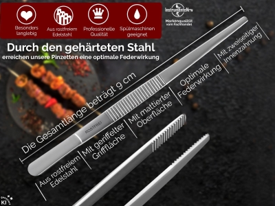 Profi Grillzange Grillpinzette Kochpinzette aus Edelstahl Pinzette 9 cm mit Zahnung - Gerade Ausf�hrung f�r Fleisch, W�rstchen oder Gem�se