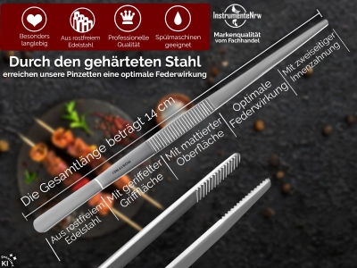 Profi Grillzange 14 cm Grillpinzette Kochpinzette aus Edelstahl Pinzette mit Zahnung - Gerade Ausf�hrung f�r Fleisch, W�rstchen oder Gem�se
