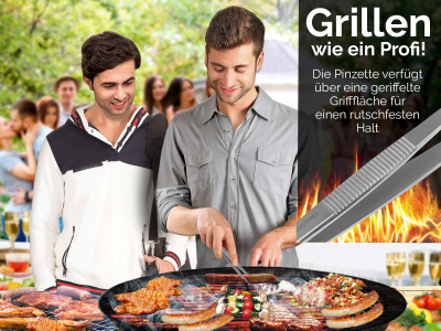 Profi Grillzange Grillpinzette 12,5 cm Kochpinzette aus Edelstahl Pinzette mit Zahnung - Gerade Ausfhrung fr Fleisch, Wrstchen oder Gemse