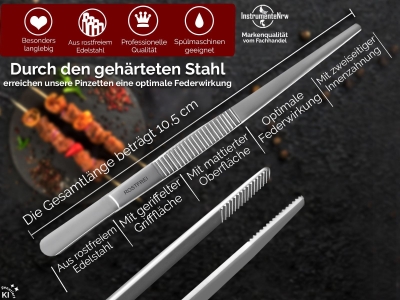 Profi Grillzange Grillpinzette Kochpinzette aus Edelstahl 10,5 cm Pinzette mit Zahnung - Gerade Ausf�hrung f�r Fleisch, W�rstchen oder Gem�se