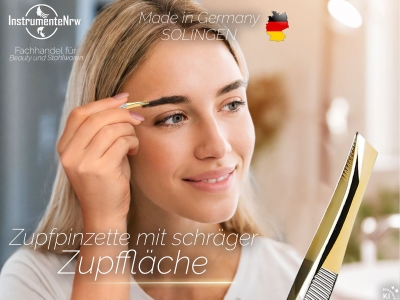Zupfpinzette Pinzette aus Solingen Made in Germany Augenbrauenpinzette f�r die Gesichtspflege zum Zupfen von Augenbrauen, Barthaaren oder kleinen H�rchen f�r Damen und Herren Schr�g/Vergoldet