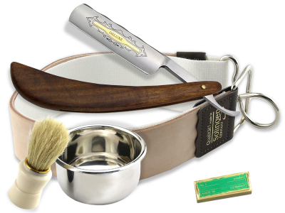 Rasur Set Ergo mit Gold�tzung+Solinger Lederdoppelriemen Gross