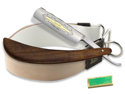 Rasur Set Ergo mit Goldtzung und Solinger Lederdoppelriemen