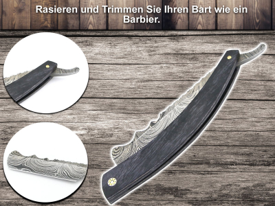 Damast Rasur Set Black Wooden mit 4 seitigem Lederriemen