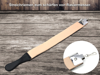 Damast Rasur Set Black Wooden mit 4 seitigem Lederriemen