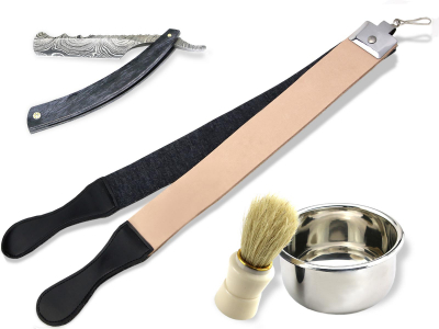 Damast Rasur Set Black Wooden mit 4 seitigem Lederriemen