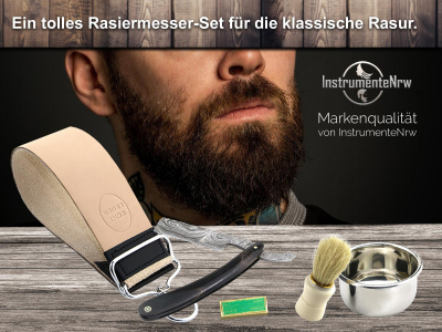 Grosses Damast Rasur Set Black Classic mit Doppelriemen
