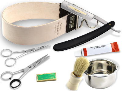 Rasiermesser Set 8-Teilig + Streichriemen + Schrf-Paste Solingen + weiteres Zubehr