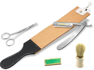 Rasiermesser-Set 5-Teilig Goldtzung 5/8 Streichriemen + Bartschere + Paste Solingen