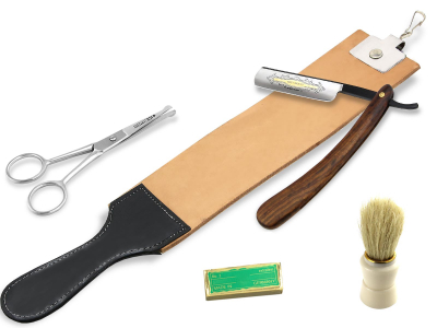 5-Teiliges Rasiermesser Set Schwarze Klinge mit Goldtzung & Holzgriff 5/8 Schleif-Paste Solingen