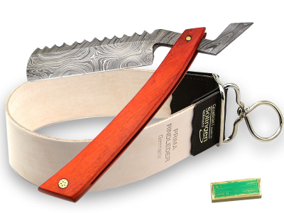 Damast Rasiermesser Set mit Paste und Lederriemen aus Solingen