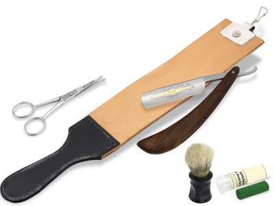 5-Teiliges Rasur-Set Rasiermesser mit Holzgriff und Goldtzung + Zubehr