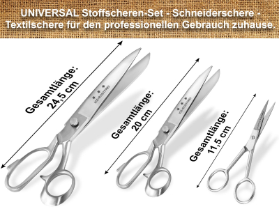 3-Teiliges Stoffscheren-Set Textilschere Schneiderschere Arbeistschere Nhschere 20 cm + 24,5 cm + Stickschere 11,5 cm gerade - Rostfrei Edelstahl