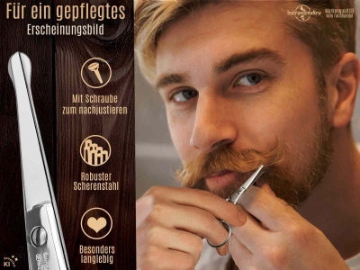 Profi Bartschere aus Solingen Haarschere Nasenhaarschere Made in Germany Bartpflege Schere Solinger Schnurrbartschere mit Abgerundeten Spitzen zum K�rzen von Barthaaren, Ohrhaaren und Nasenhaaren