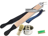 Grosses Blue Damast Rasiermesser Set mit Doppelriemen