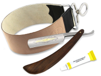 3er Set Rasiermesser mit Holzgriff & Gold�tzung + Streichriemen + Schleifpaste