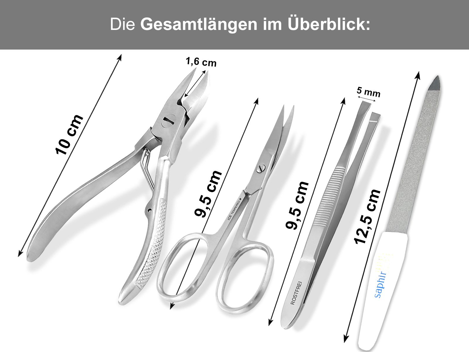 Maniküre Etui Echt-Leder Nagelzange Nagelschere schräge Pinzette + Saphir  Nagelfeile aus Solingen 81050635