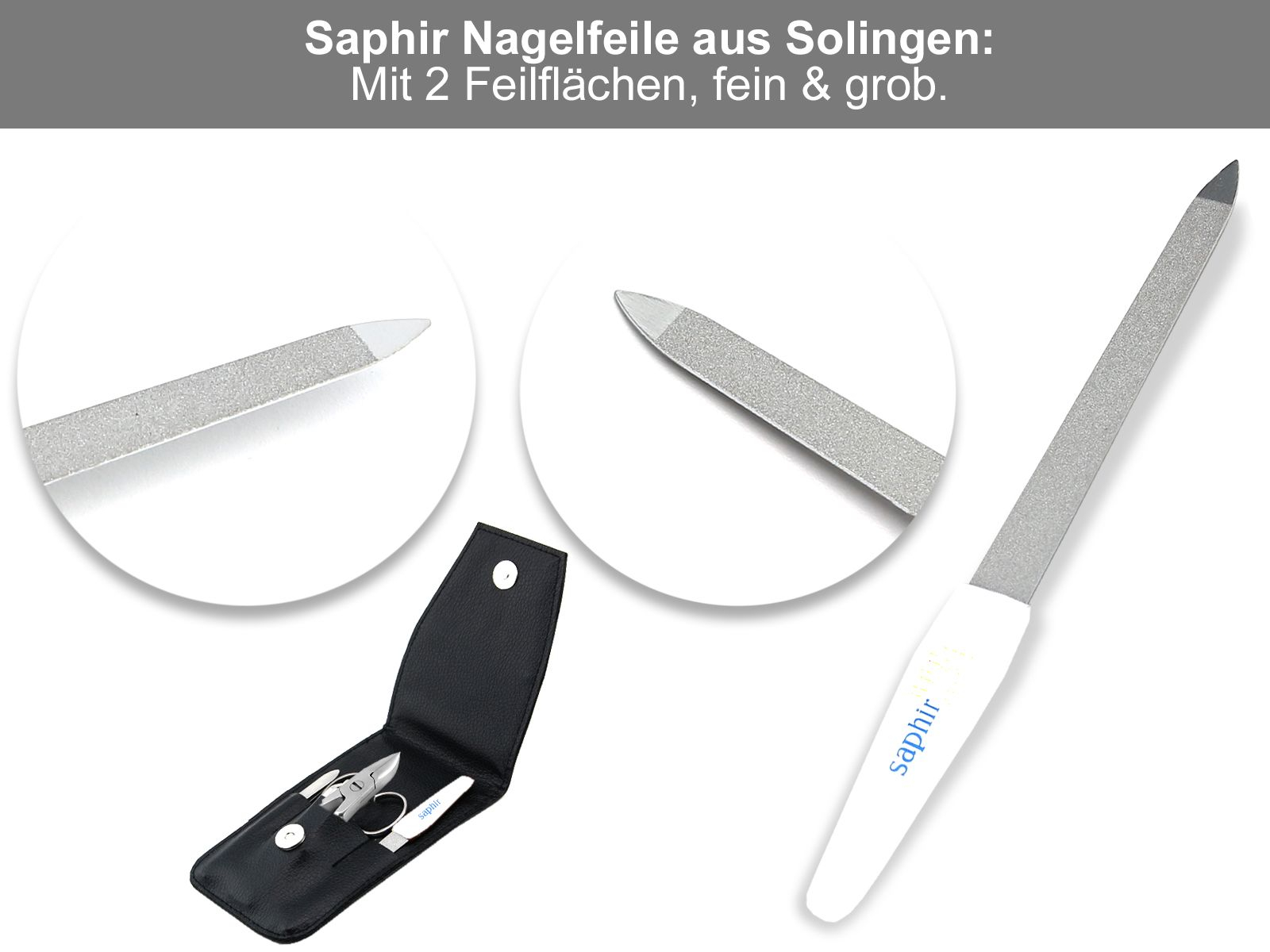 aus schräge Solingen Nagelfeile Echt-Leder Nagelzange 81050635 Pinzette + Saphir Nagelschere Maniküre Etui