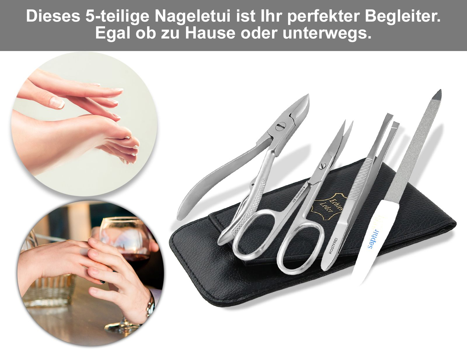 Maniküre Etui Echt-Leder Nagelzange Nagelschere schräge Pinzette + Saphir  Nagelfeile aus Solingen 81050635