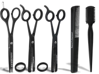 Friseur-Haarscheren Set 5-Teilig Schwarz pulverbeschichtet mit Kamm und Effilierer