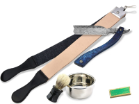 Grosses Blue Damast Rasiermesser Set mit Doppelriemen